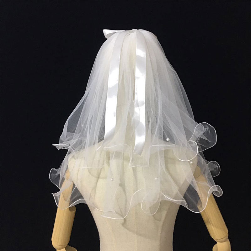 White Tulle Bow Wedding Veil with Pearls, 60cm by HitMyNeed