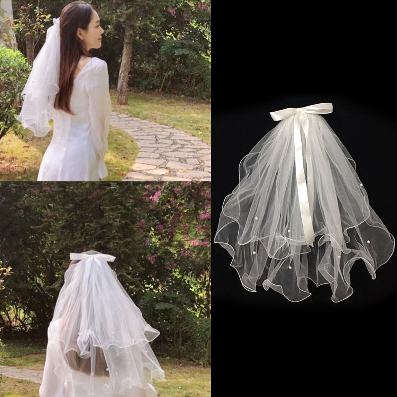 White Tulle Bow Wedding Veil with Pearls, 60cm by HitMyNeed