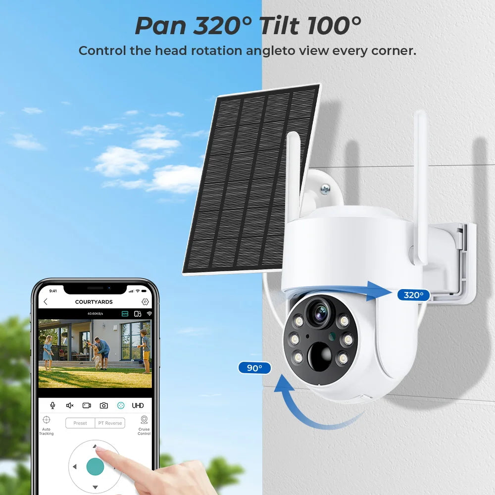 WiFi Solar PTZ Outdoor Security Camera 4MP with iCSee 2mp-128g-sd-card by HitMyNeed