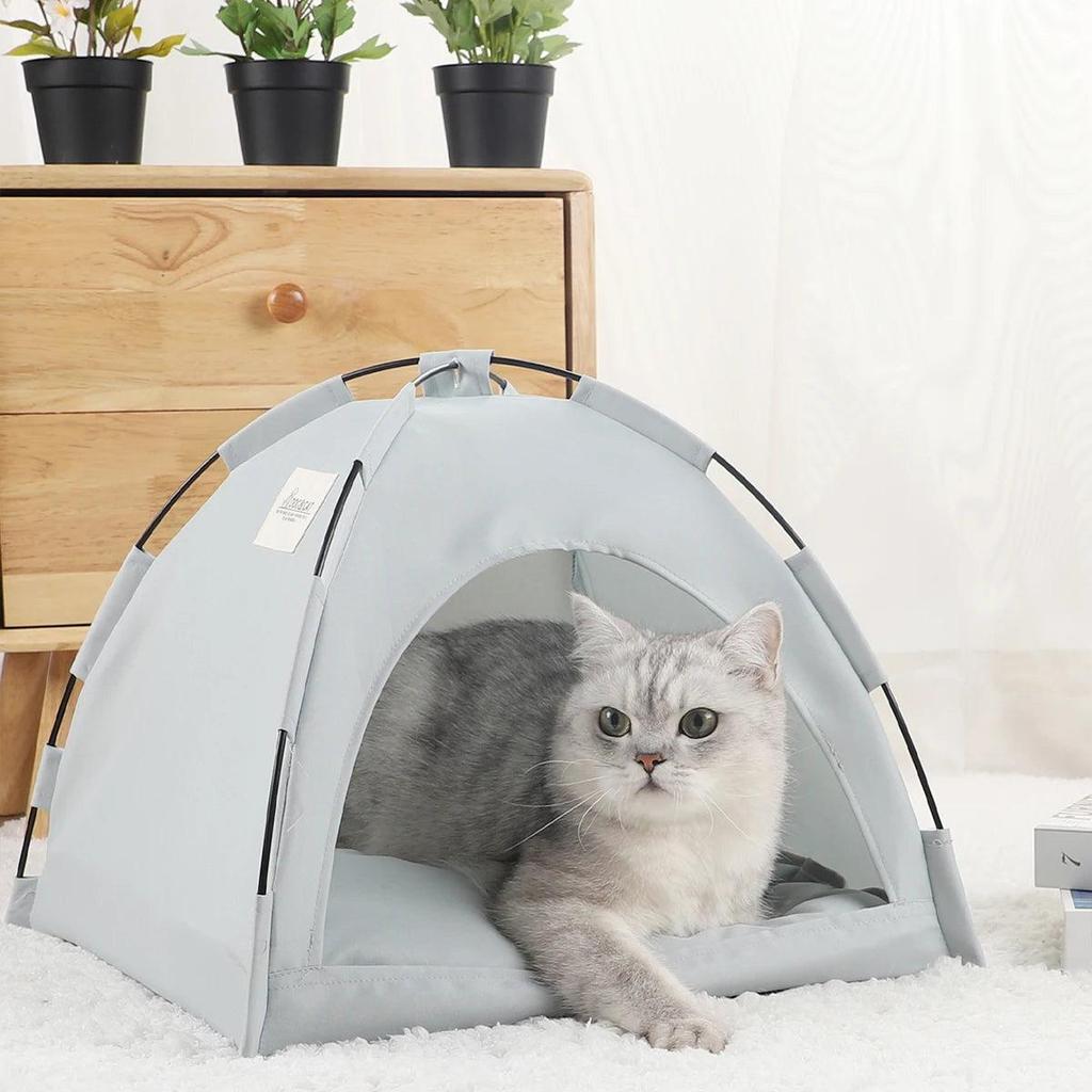 Winter Clamshell Cat Tent Bed with Warm Cushion cyan-gray l-50x50cm by HitMyNeed