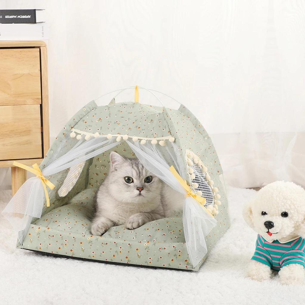 Winter Clamshell Cat Tent Bed with Warm Cushion fruit-green l-50x50cm by HitMyNeed