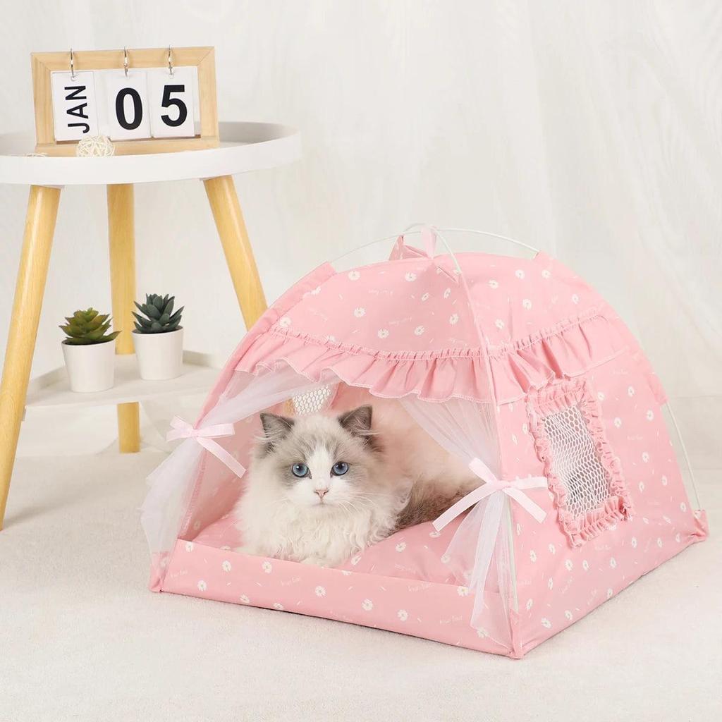 Winter Clamshell Cat Tent Bed with Warm Cushion pink l-50x50cm by HitMyNeed