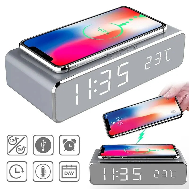 Wireless Charger Alarm Clock with LED Time & Temperature by HitMyNeed