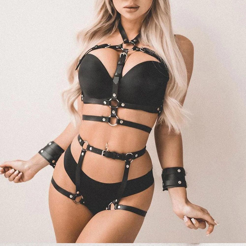 Women Leather Body Harness & Garter Leg Belt Lingerie by HitMyNeed