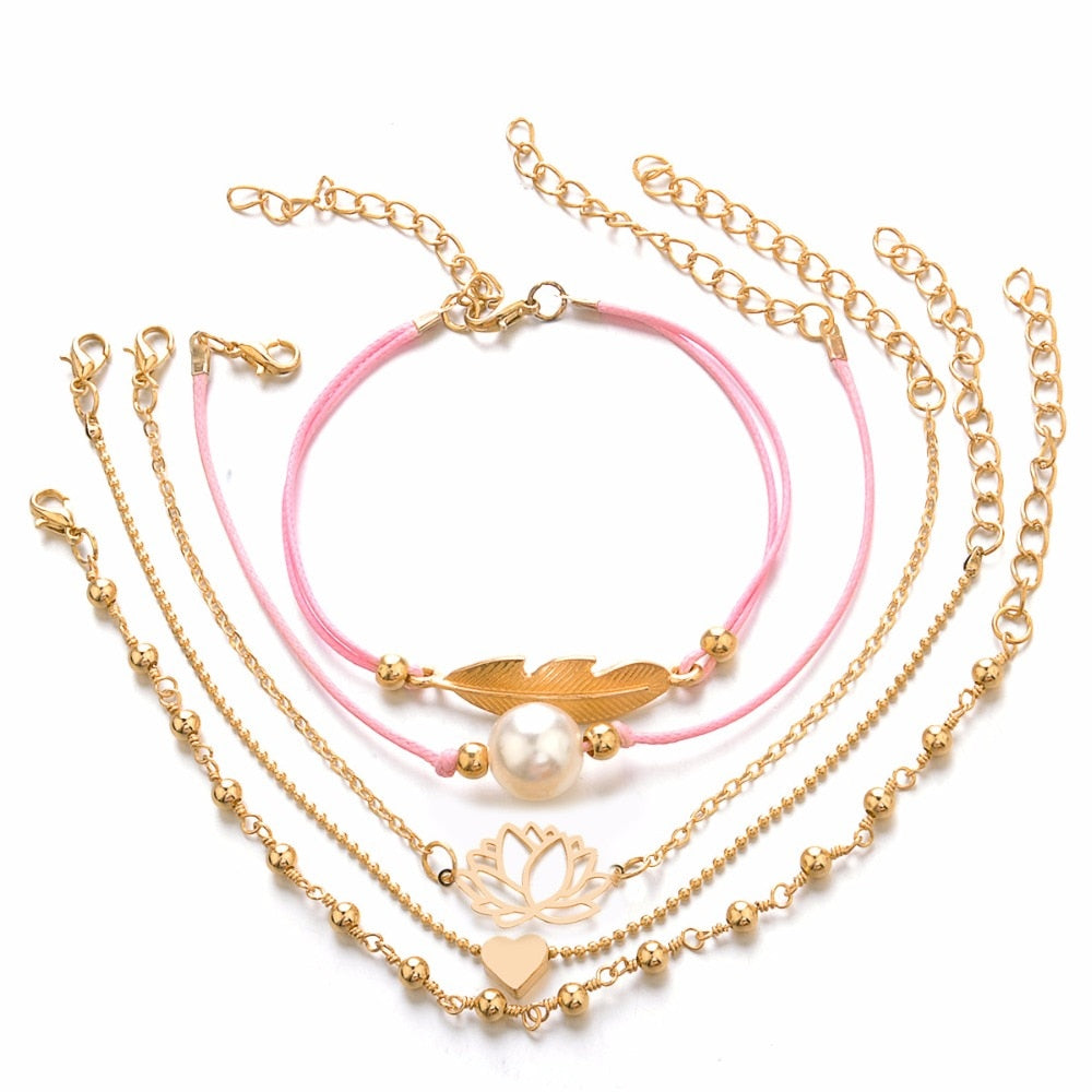 Women's 5‑Strand Boho Bracelet Gift Set, Pink & Gold by HitMyNeed