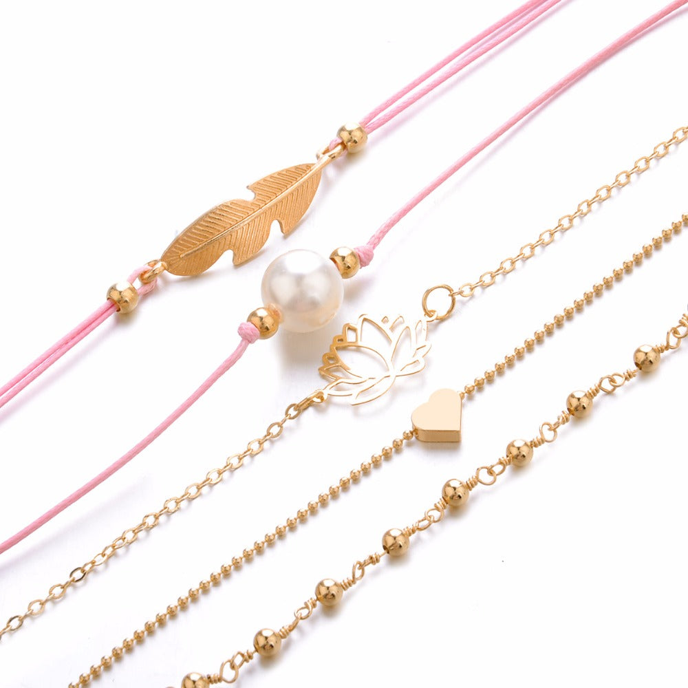 Women's 5‑Strand Boho Bracelet Gift Set, Pink & Gold by HitMyNeed