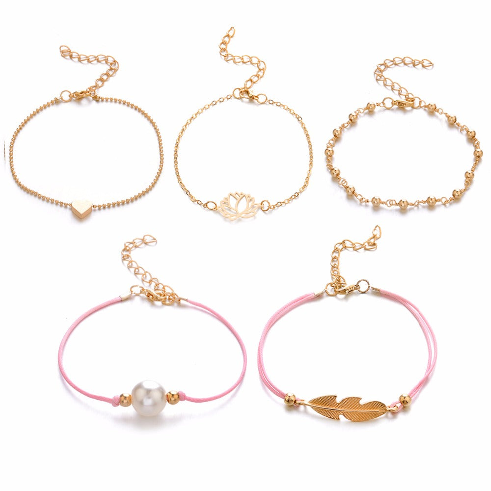 Women's 5‑Strand Boho Bracelet Gift Set, Pink & Gold by HitMyNeed