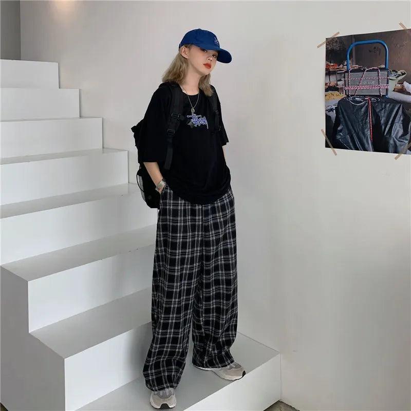Women's Black and White Plaid Wide Leg Pants by HitMyNeed