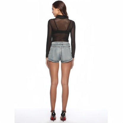Women's Black Mesh See-Through Bodycon Bodysuit Top by HitMyNeed