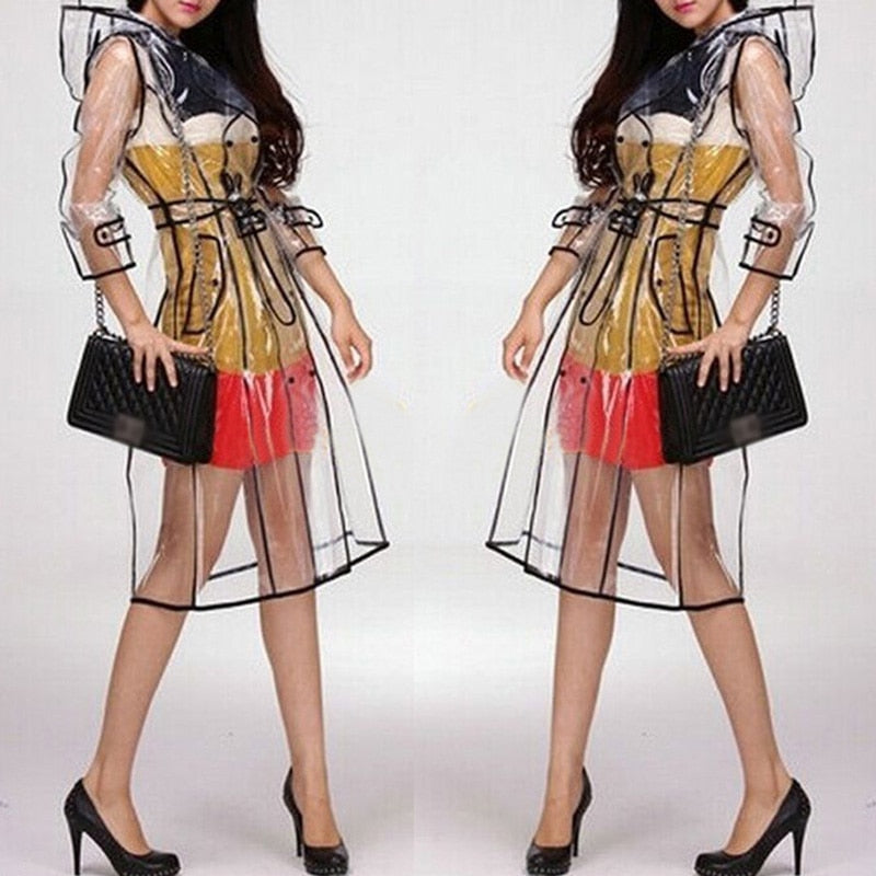 Women's Clear Hooded Raincoat with Belt by HitMyNeed