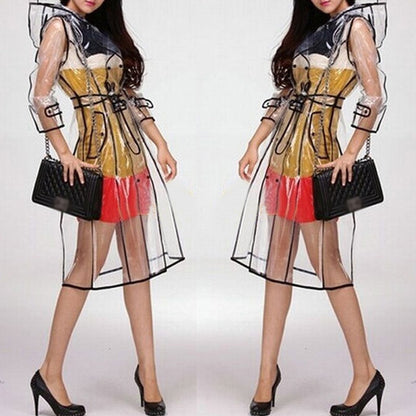 Women's Clear Hooded Raincoat with Belt by HitMyNeed