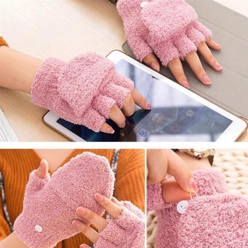 Women's Coral Fleece Flip Mitt Half Finger Gloves by HitMyNeed