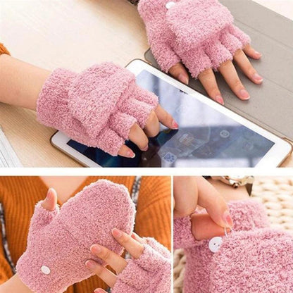 Women's Coral Fleece Flip Mitt Half Finger Gloves by HitMyNeed