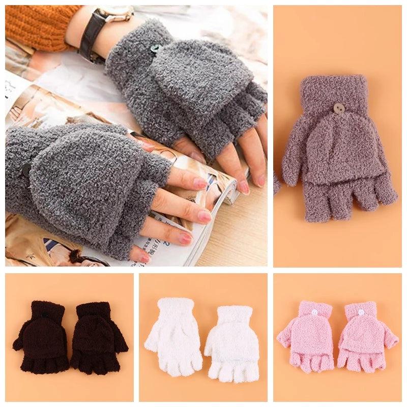 Women's Coral Fleece Flip Mitt Half Finger Gloves by HitMyNeed