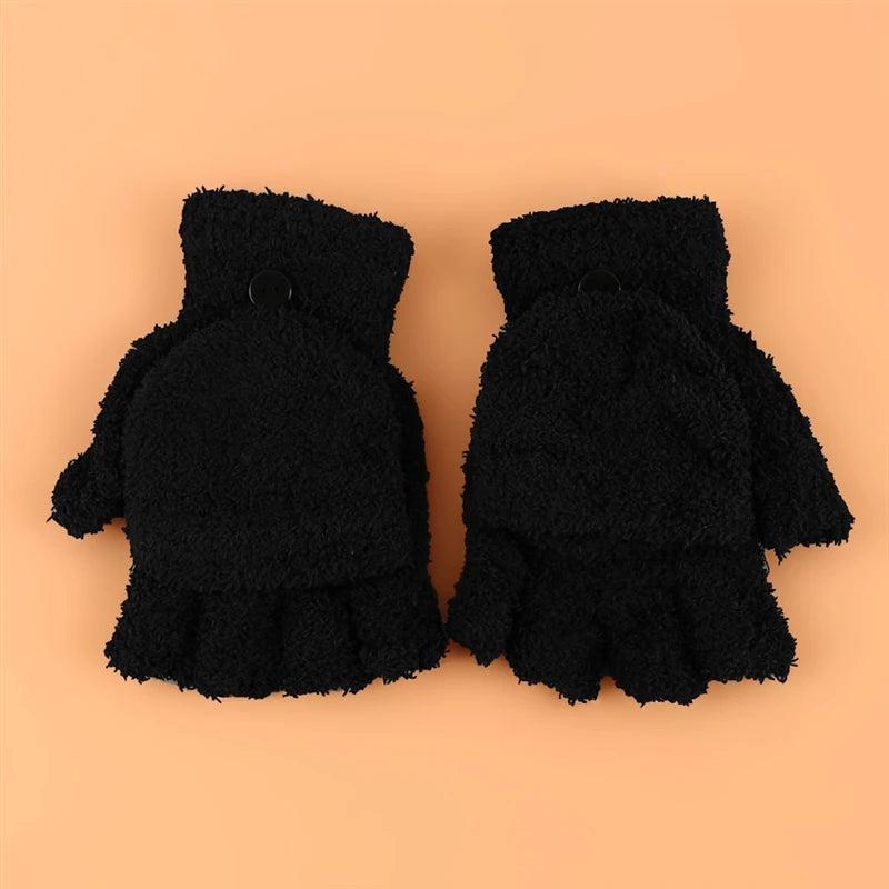Women's Coral Fleece Flip Mitt Half Finger Gloves by HitMyNeed