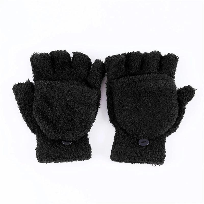 Women's Coral Fleece Flip Mitt Half Finger Gloves black by HitMyNeed