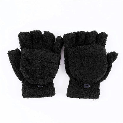 Women's Coral Fleece Flip Mitt Half Finger Gloves black by HitMyNeed