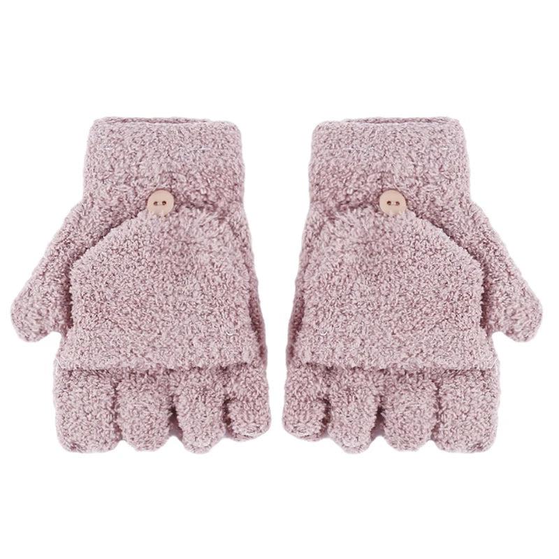 Women's Coral Fleece Flip Mitt Half Finger Gloves khaki by HitMyNeed