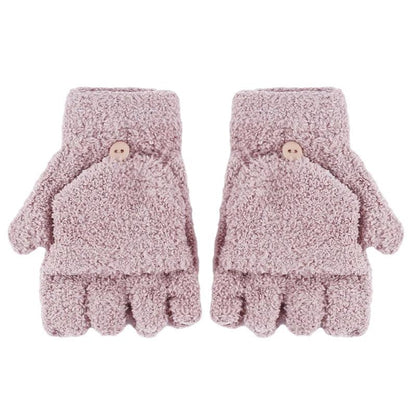 Women's Coral Fleece Flip Mitt Half Finger Gloves khaki by HitMyNeed