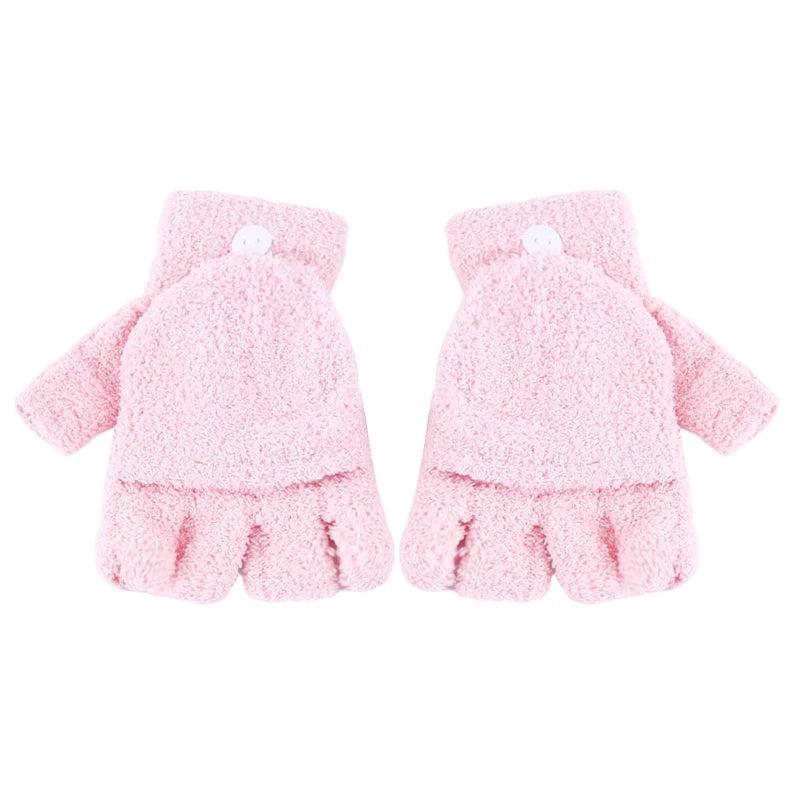 Women's Coral Fleece Flip Mitt Half Finger Gloves pink by HitMyNeed