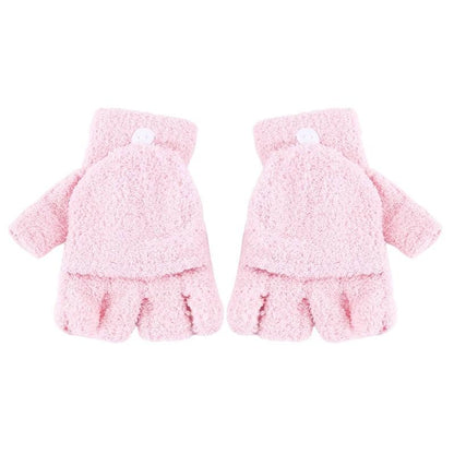 Women's Coral Fleece Flip Mitt Half Finger Gloves pink by HitMyNeed