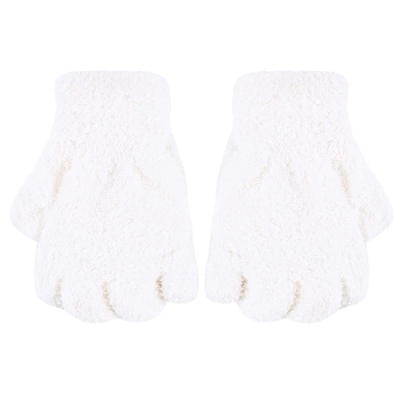 Women's Coral Fleece Flip Mitt Half Finger Gloves white by HitMyNeed