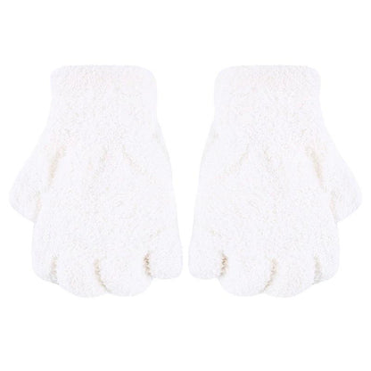 Women's Coral Fleece Flip Mitt Half Finger Gloves white by HitMyNeed
