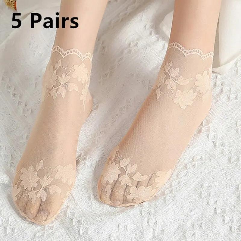 Women's Cotton Lace Invisible Non-Slip Socks (5 Pairs) by HitMyNeed
