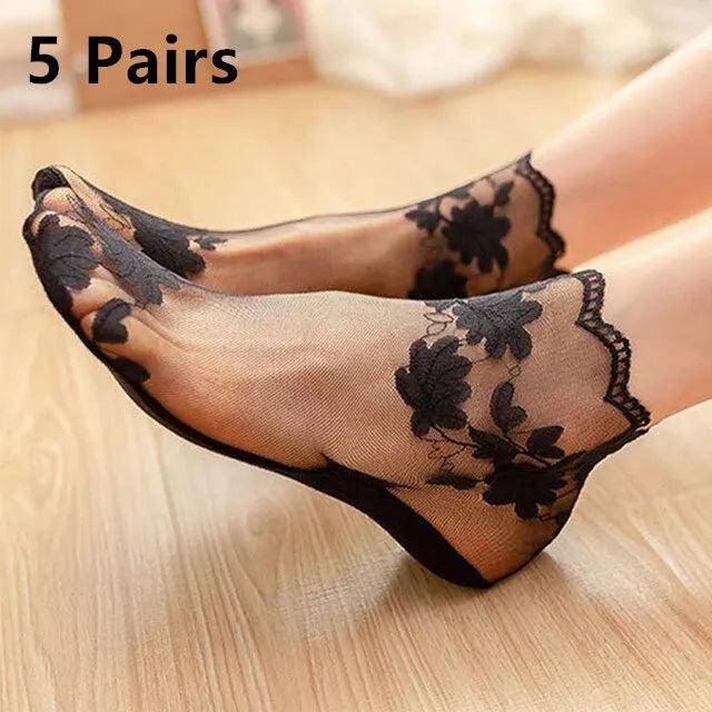 Women's Cotton Lace Invisible Non-Slip Socks (5 Pairs) 5-pairs-black by HitMyNeed