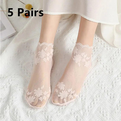 Women's Cotton Lace Invisible Non-Slip Socks (5 Pairs) by HitMyNeed