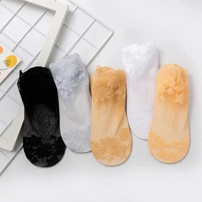 Women's Cotton Lace Invisible Non-Slip Socks (5 Pairs) by HitMyNeed