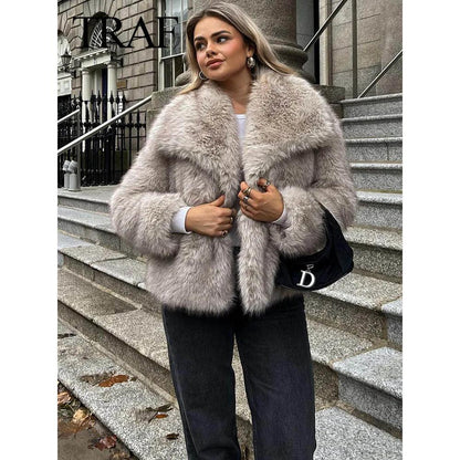 Women's Cropped Faux Fur Jacket with Snap Front by HitMyNeed