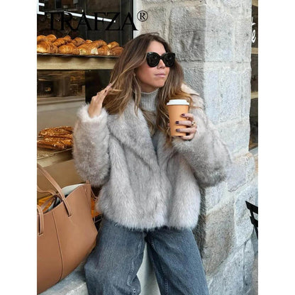 Women's Cropped Faux Fur Jacket with Snap Front by HitMyNeed