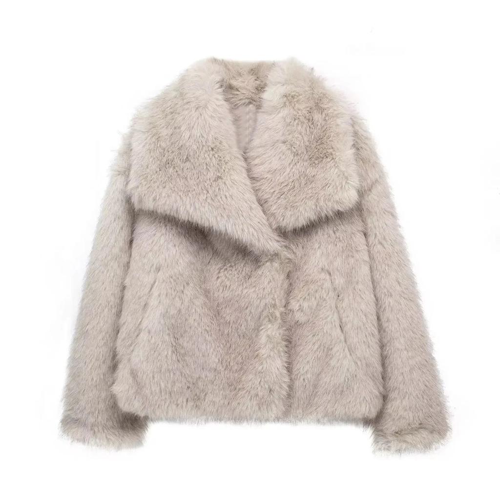 Women's Cropped Faux Fur Jacket with Snap Front beige-gray xs by HitMyNeed