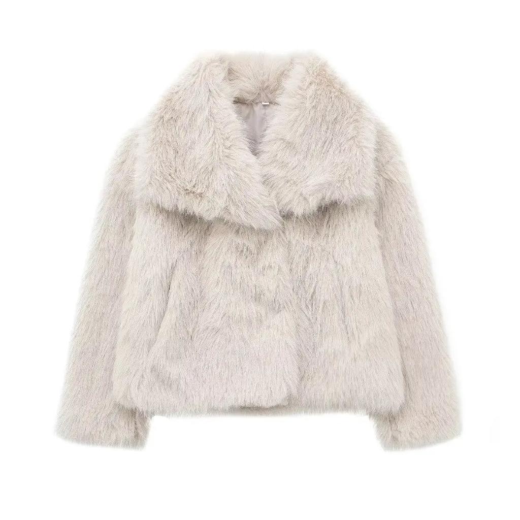 Women's Cropped Faux Fur Jacket with Snap Front beige-white xs by HitMyNeed