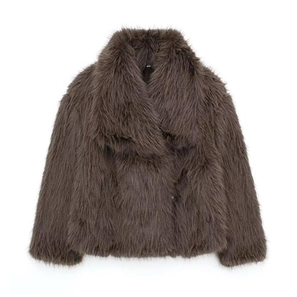 Women's Cropped Faux Fur Jacket with Snap Front brown m by HitMyNeed