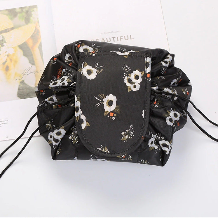 Women's Drawstring Travel Makeup Bag Organizer black-flower by HitMyNeed