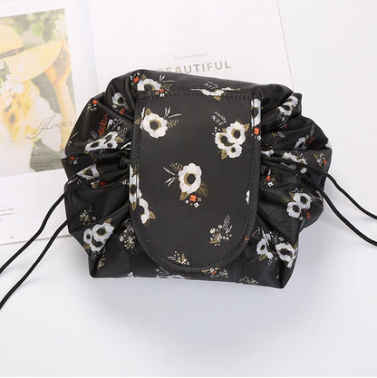 Women's Drawstring Travel Makeup Bag Organizer black-flower by HitMyNeed