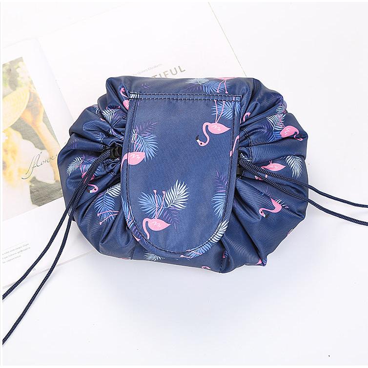 Women's Drawstring Travel Makeup Bag Organizer blue-flamingo by HitMyNeed
