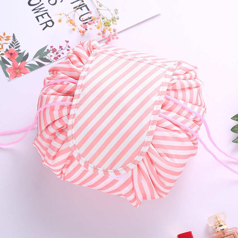Women's Drawstring Travel Makeup Bag Organizer pink-stripe by HitMyNeed