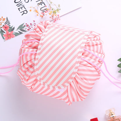 Women's Drawstring Travel Makeup Bag Organizer pink-stripe by HitMyNeed