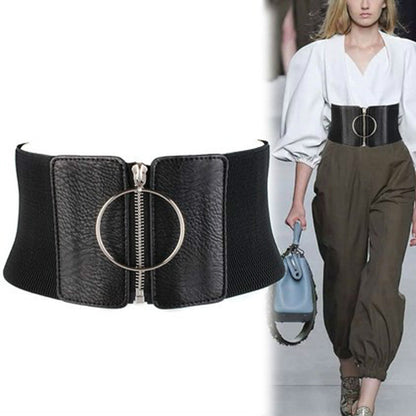 Women's Elastic Wide Waist Belt with PU Leather by HitMyNeed