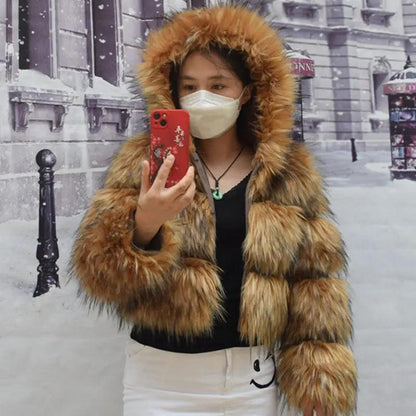 Women's Faux Fur Winter Coat, Brown, Plus Size added-hood 6xl by HitMyNeed