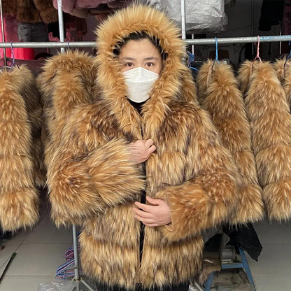 Women's Faux Fur Winter Coat, Brown, Plus Size longer-and-hood 7xl by HitMyNeed