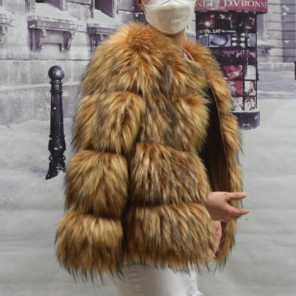 Women's Faux Fur Winter Coat, Brown, Plus Size raccoon-longer 6xl by HitMyNeed