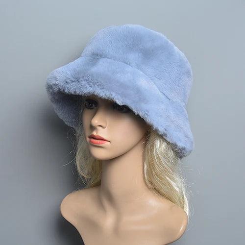 Women's Faux Rabbit Fur Winter Hat with Cotton Lining blue-grey by HitMyNeed