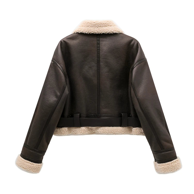Women's Faux Shearling Belted Vintage Warm Jacket by HitMyNeed