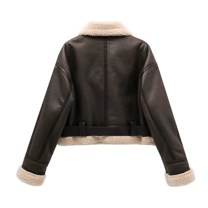 Women's Faux Shearling Belted Vintage Warm Jacket by HitMyNeed