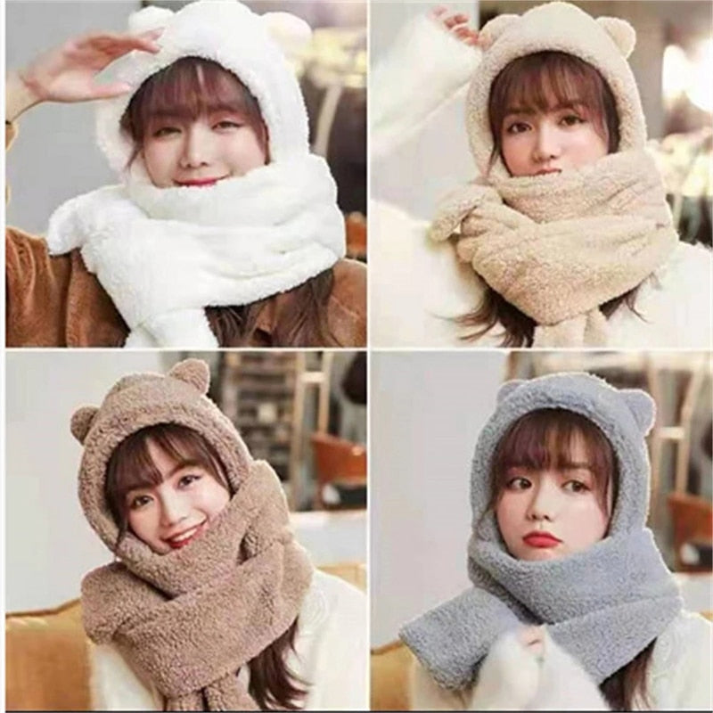 Women's Fleece Bear Ear Hat, Scarf & Gloves Set by HitMyNeed