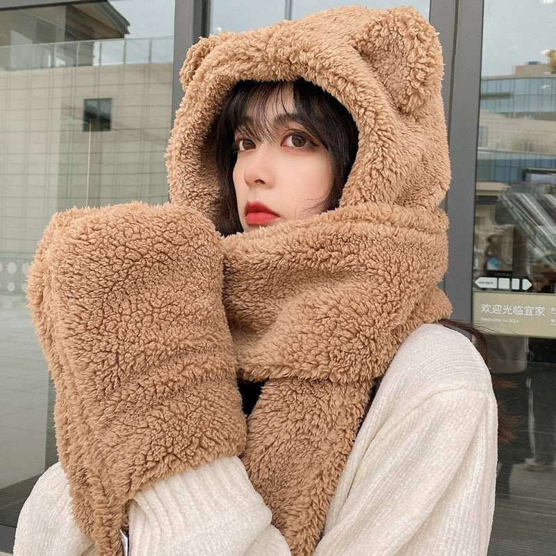 Women's Fleece Bear Ear Hat, Scarf & Gloves Set by HitMyNeed